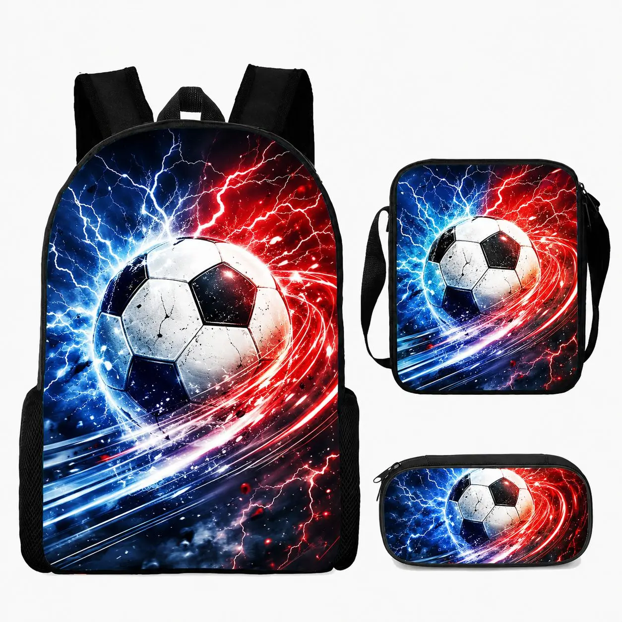 Soccer Graphic 3-Piece Backpack Set for Boys Girls, Matching Backpack, Lunch Bag and Pencil Case with Adjustable Shoulder Straps, Zip Closures, Side Mesh Pockets and Black Trim for School Days, Classroom Use, Lunch Breaks, Practice and Daily Organization