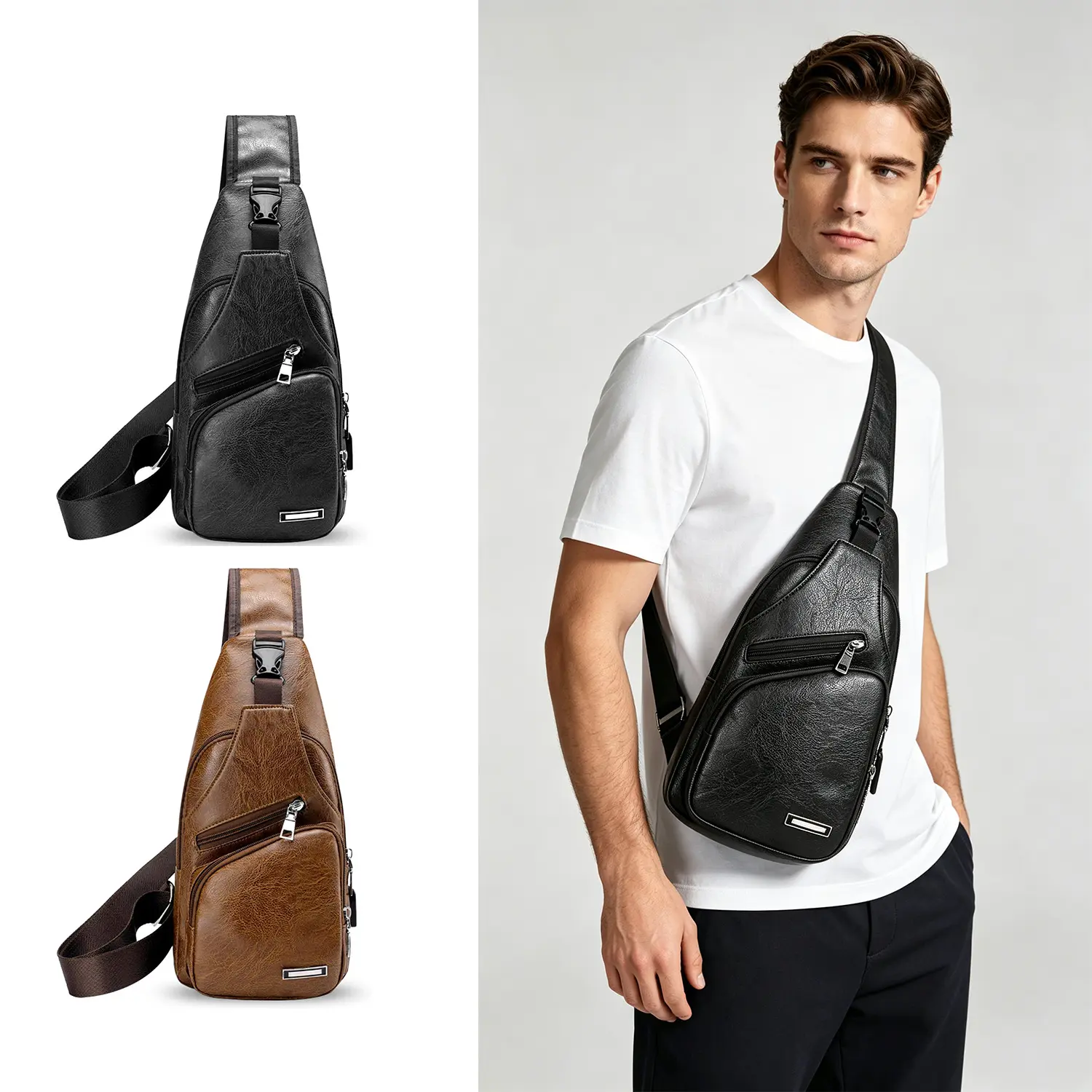 1 Pack & 2 Pack Available Men Vintage Faux Leather Sling Chest Crossbody Backpack With USB Charging Port Earphone Hole Multi Pocket Adjustable Strap Casual Daypack Fits 7.9 Inch Ipad For Travel Outdoor Daily Use