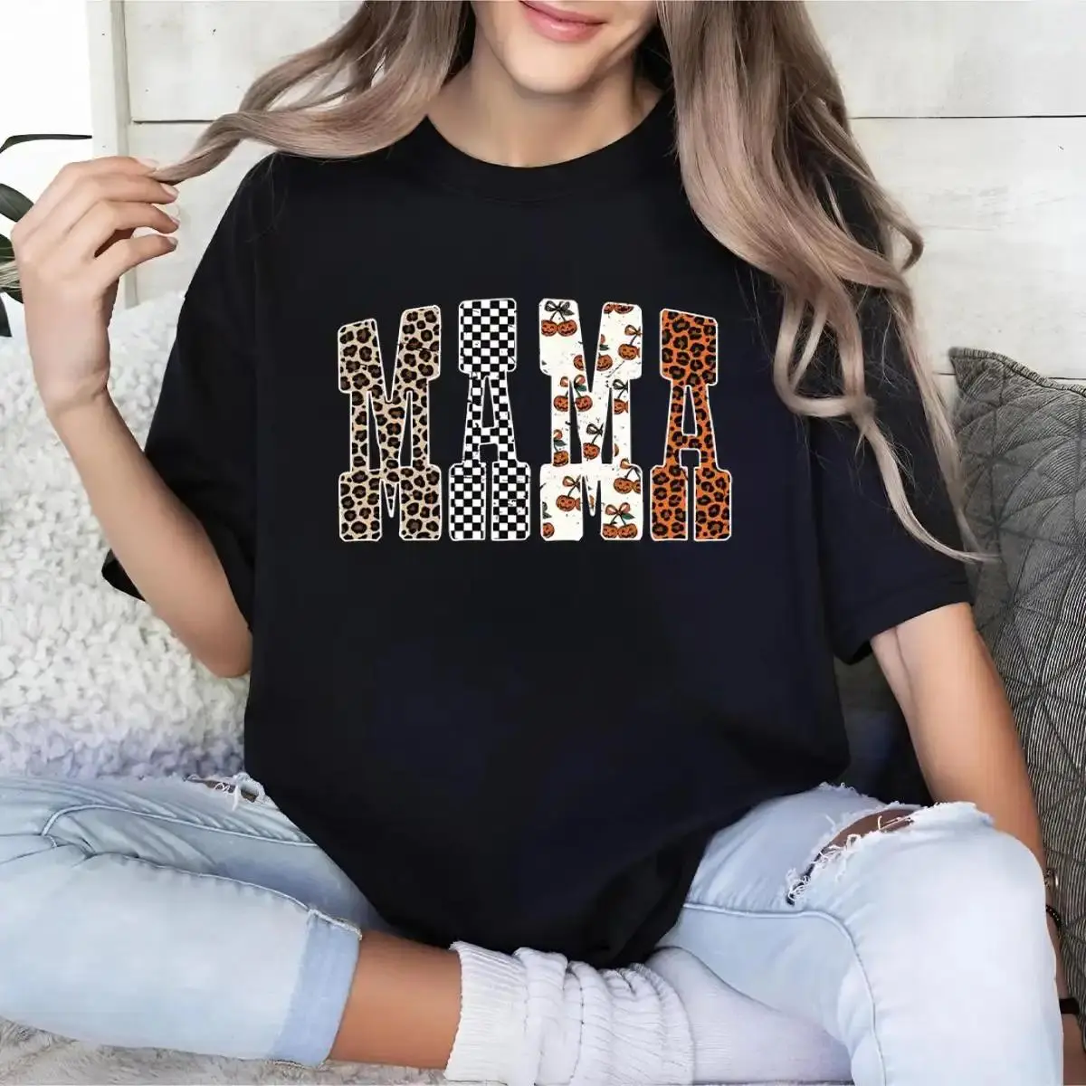 Halloween Mama T-shirt – Tee with Bold MAMA Print, Leopard & Pumpkin Graphics, Perfect October Outfit for Women