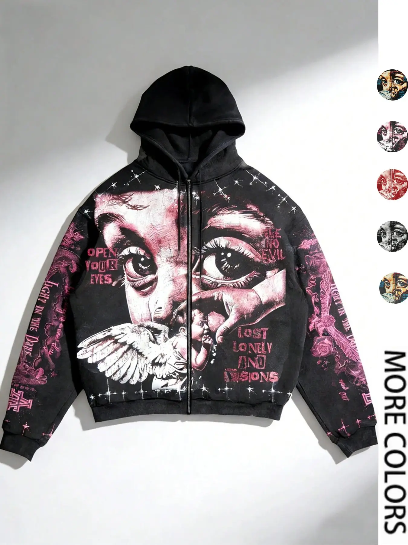Men's Angel and Eye Graphic Zip Up Hoodie, Letter Print Oversized Long Sleeve Streetwear Jacket in Multiple Colors for Fall and Winter#MensHoodie #AngelGraphic #EyeGraphic #ZipUpHoodie #LetterPrint #GraphicHoodie#OversizedHoodie #LongSleeveHoodie
