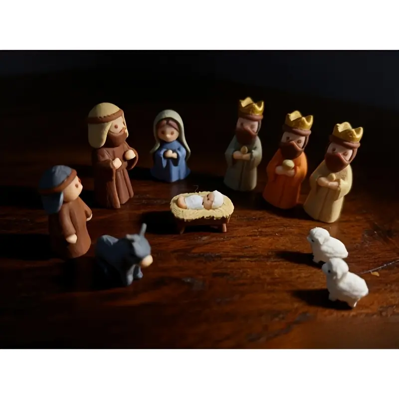 Handmade Mini Nativity Scene Set ( Box) -- Portable Pocket Size Nativity Scene with Mary, Shepherds And Animal Figurines, Hand-Painted, Suitable for Easter, Christmas Gifts, Christmas