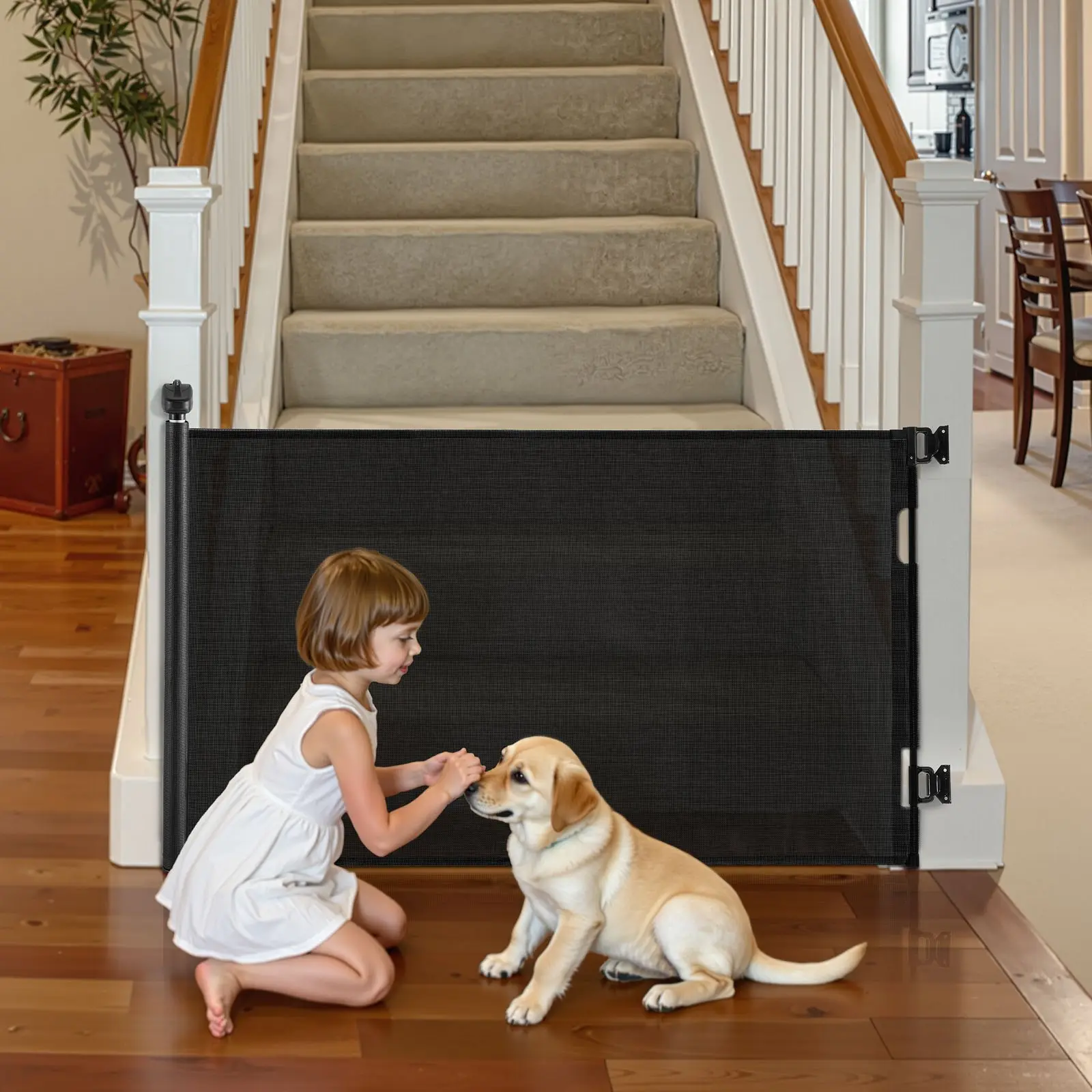VEVOR Retractable Mesh Baby Gate, 57in Wide Extendable, 38.5in Tall, Security Lock, Easy-Install Walk-Through Design, Non-Tripping, Ground Hooks, for Stairs, Hallways, Black Indoor/Outdoor Safety Gate