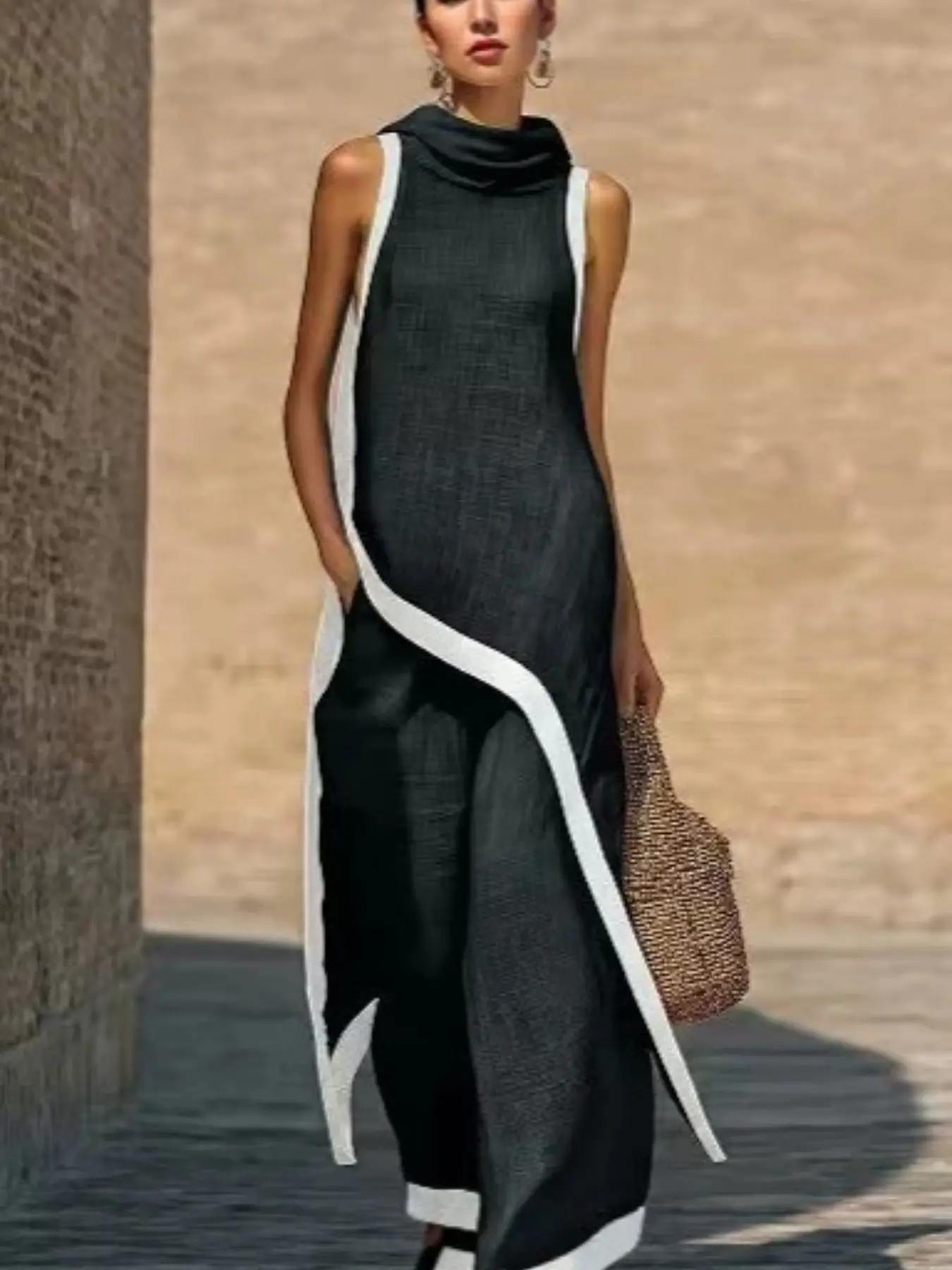 【XX72 Exclusive】Women's 2 Piece Boho Outfit Sleeveless Hooded Top and Wide Leg Pants Set Casual Loose Fit Matching Set Vacation Resort Wear