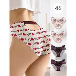 QUASTI 4 Pack Mid-Rise Panties, Heart & Love Print with Hollow Back Design Briefs, Breathable High Elastic Moisture-Wicking Scalloped Edge Underwear for Women, S-XXL