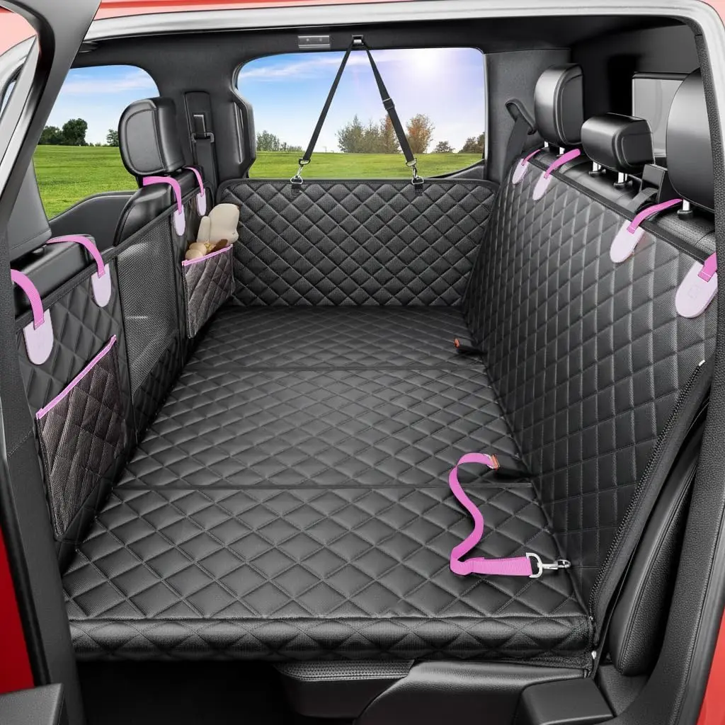 Dog Car Seat Cover for Back Seat, Hard Bottom 450 LB, 2026 Upgraded Oxford Fabric, Back Seat Extender for Dogs, Mesh Window, Waterproof Scratchproof, Extra Hair Glove, Fits Cars SUVs Trucks