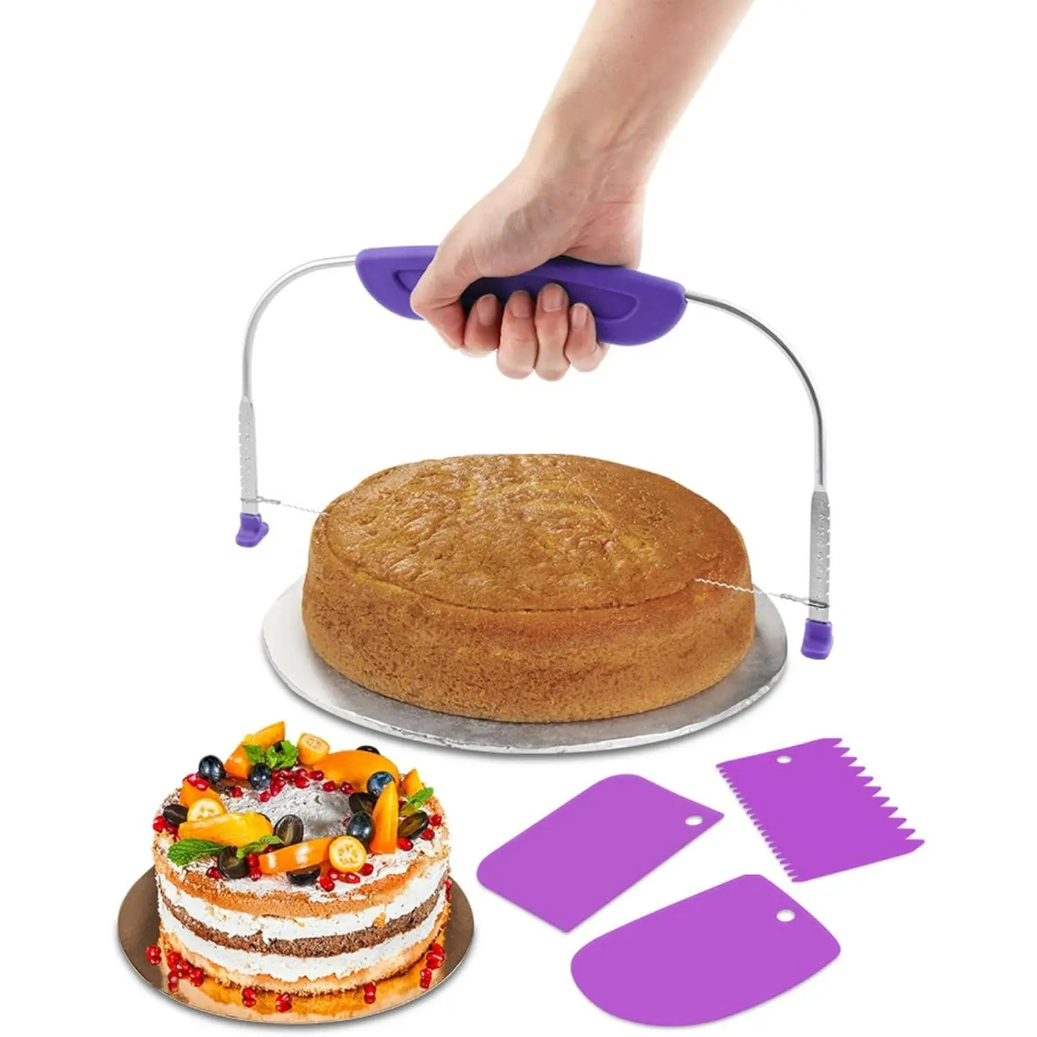 Adjustable Cake Leveler Cutter with 3PCS Cake Scrapers Set, Large Size Kitchen Baking Supply, Single Stainless Steel Wire Cake Slicer with Purple Plastic Handle for Cake Leveling