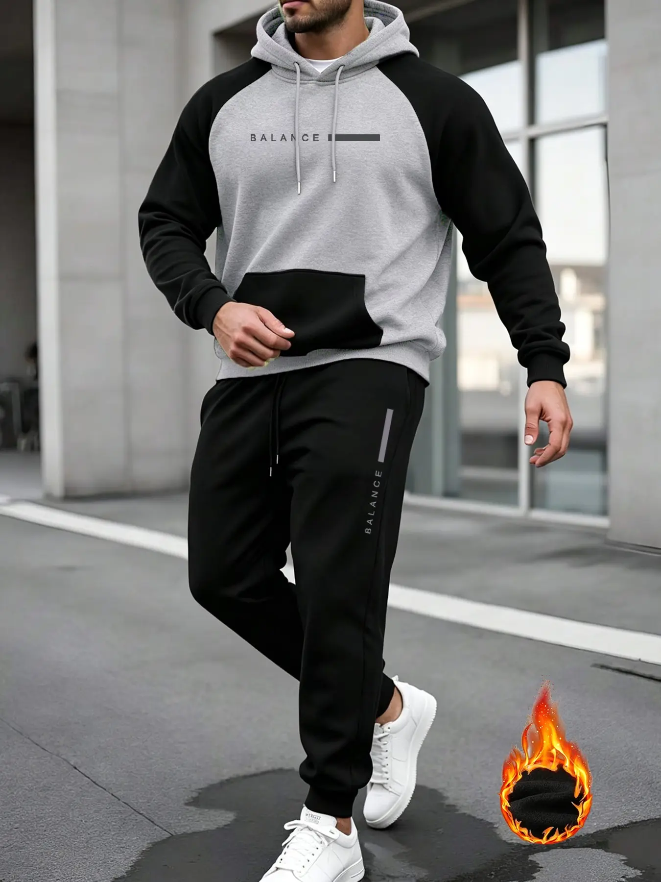 Men's Fall Winter Casual Sport Set, Shoulder Padded Hoodie + Drawstring Pants, Soft Warm Comfortable, Balance Letter Print, Street Style