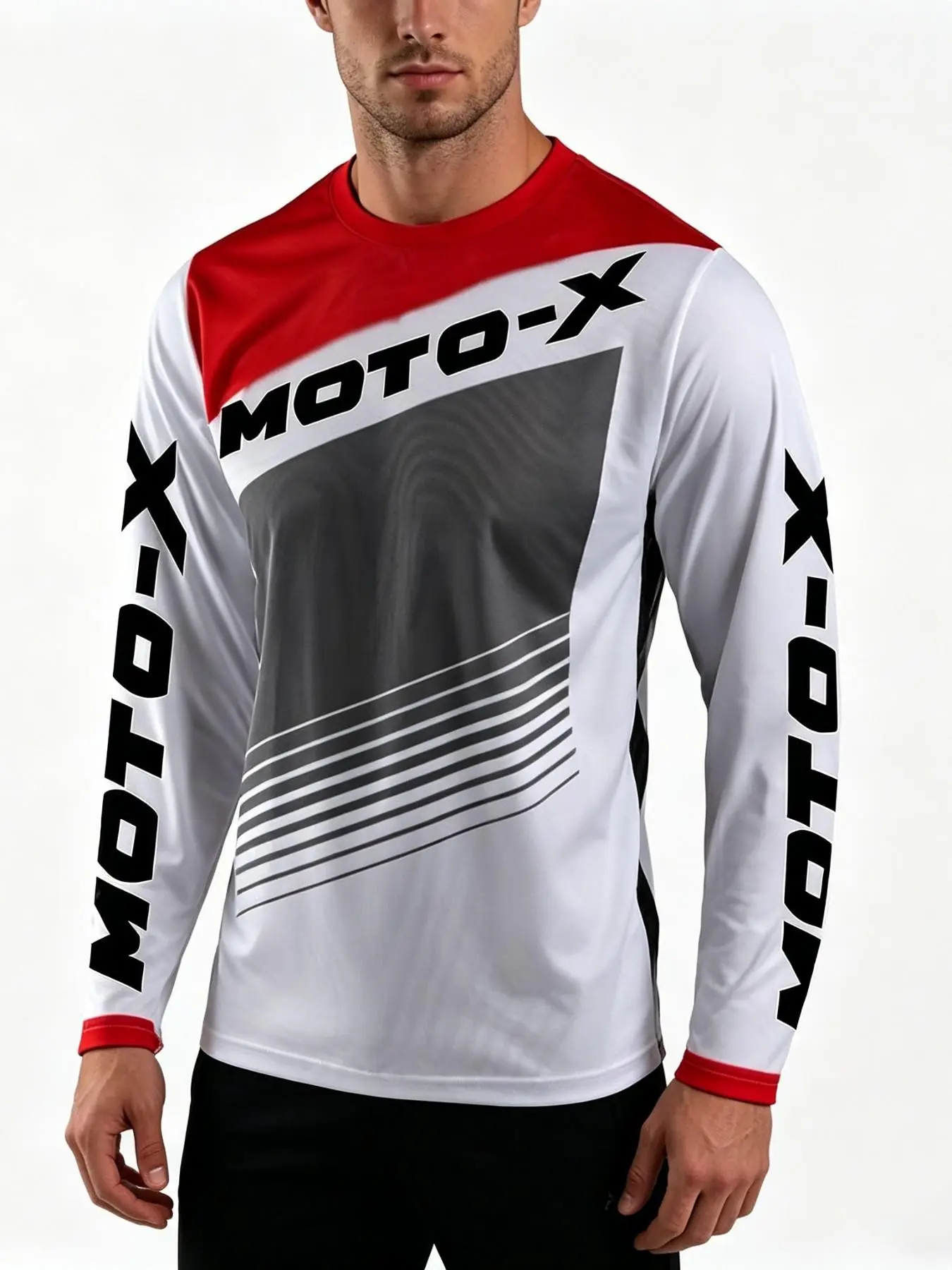 Men's Patchwork Moto-X Letter Print Round Neck Long Sleeve Cycling Style Tops, Sporty Outdoor Fitness Casual Wear