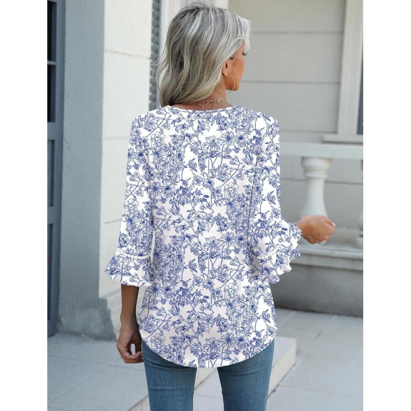 3/4 Length Sleeve Womens Tops Summer Ruffle Sleeve Blouses V-Neck Lace T-Shirts Dressy Casual
