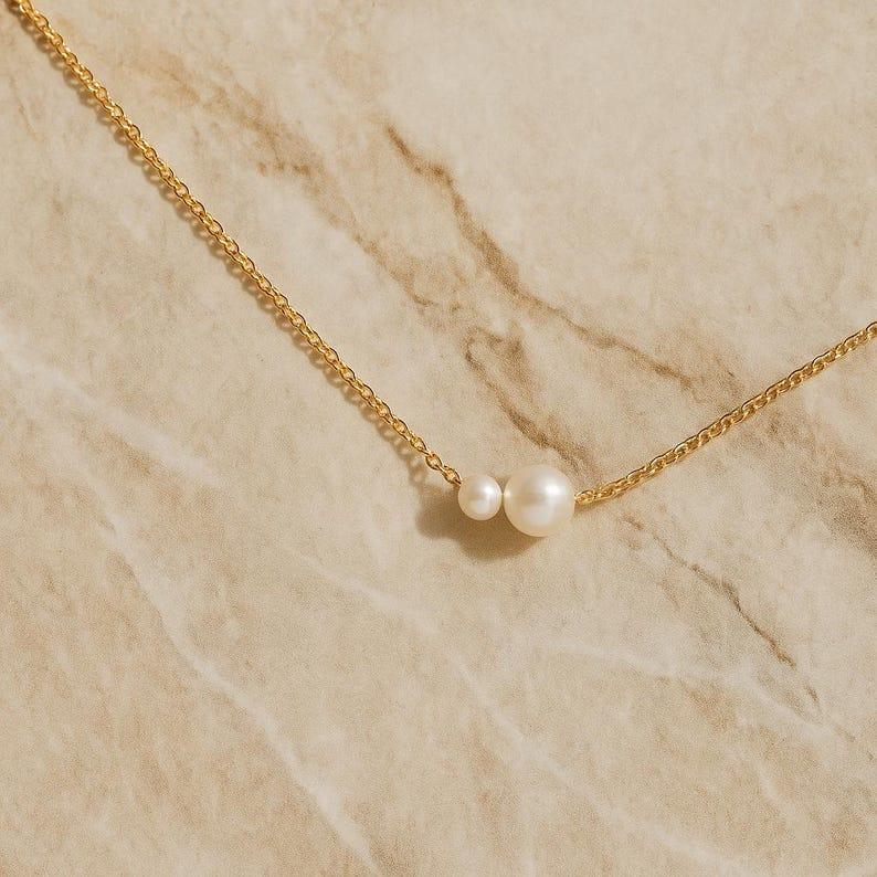 Handmade Gold Pearl Necklace – 14K Gold Plated Dainty Jewelry with Two Pearls, Simple Elegant Chain for Women, Ideal Gift for Mother’s Day, Wedding, or Graduation, Hypoallergenic and Nickel-Free