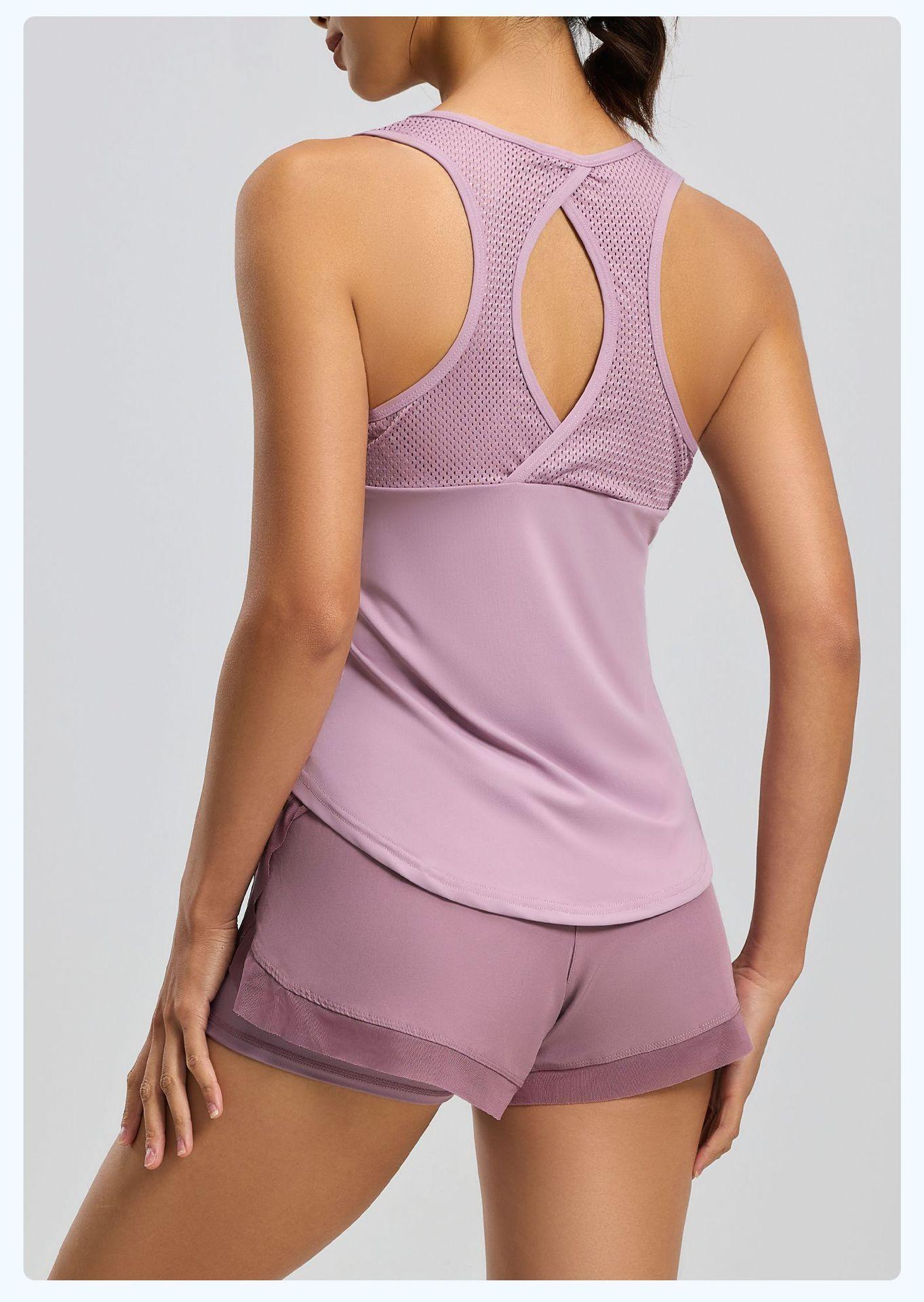 Summer wear loose running fitness yoga thin hollow mesh sleeveless women's sports vest Backless Halter Crop Top Set