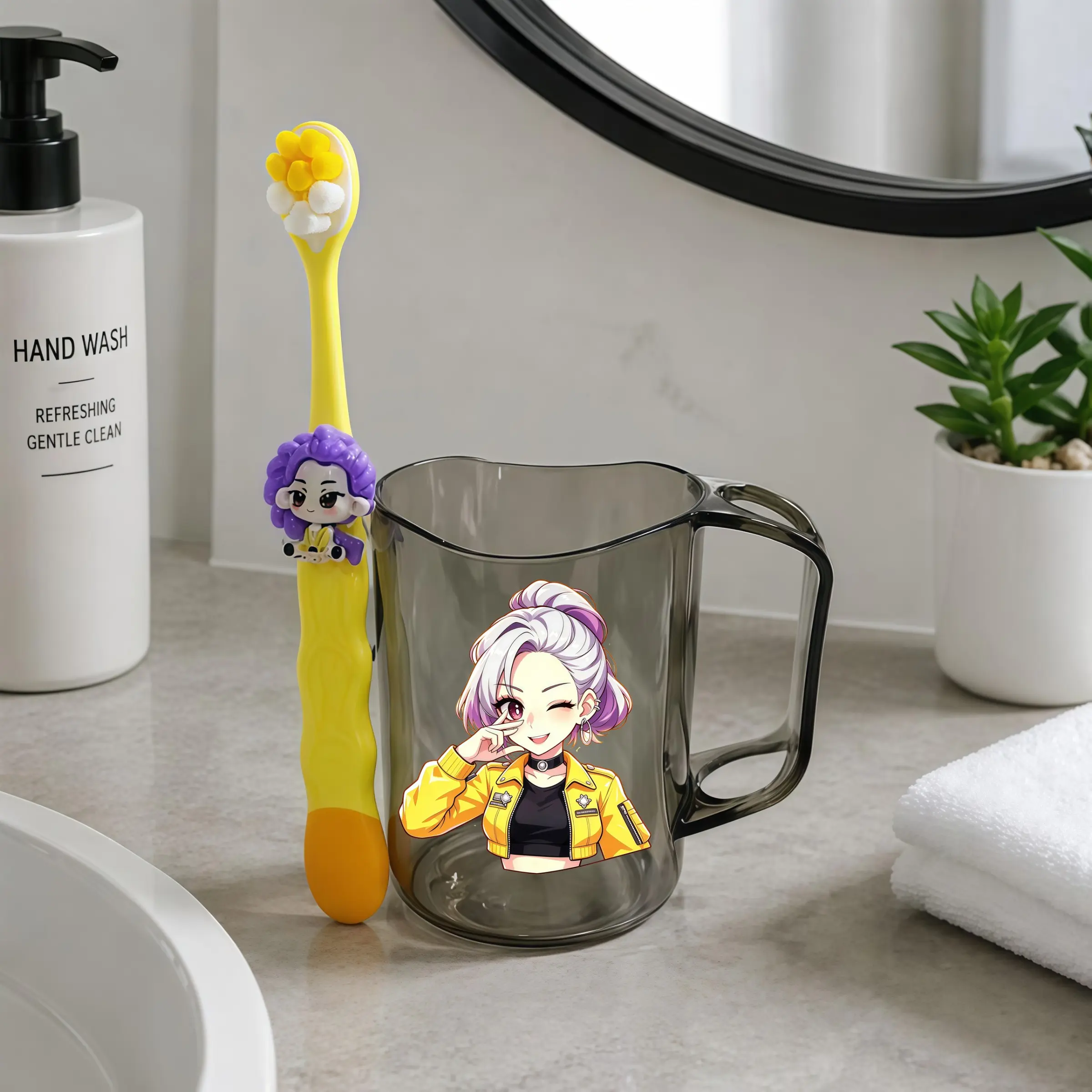 Cute Cartoon Character Mouthwash Cup Set, Acrylic Toothbrush Holder, Fun Bathroom Water Cup, Soft Bristle Toothbrush, Birthday Gift