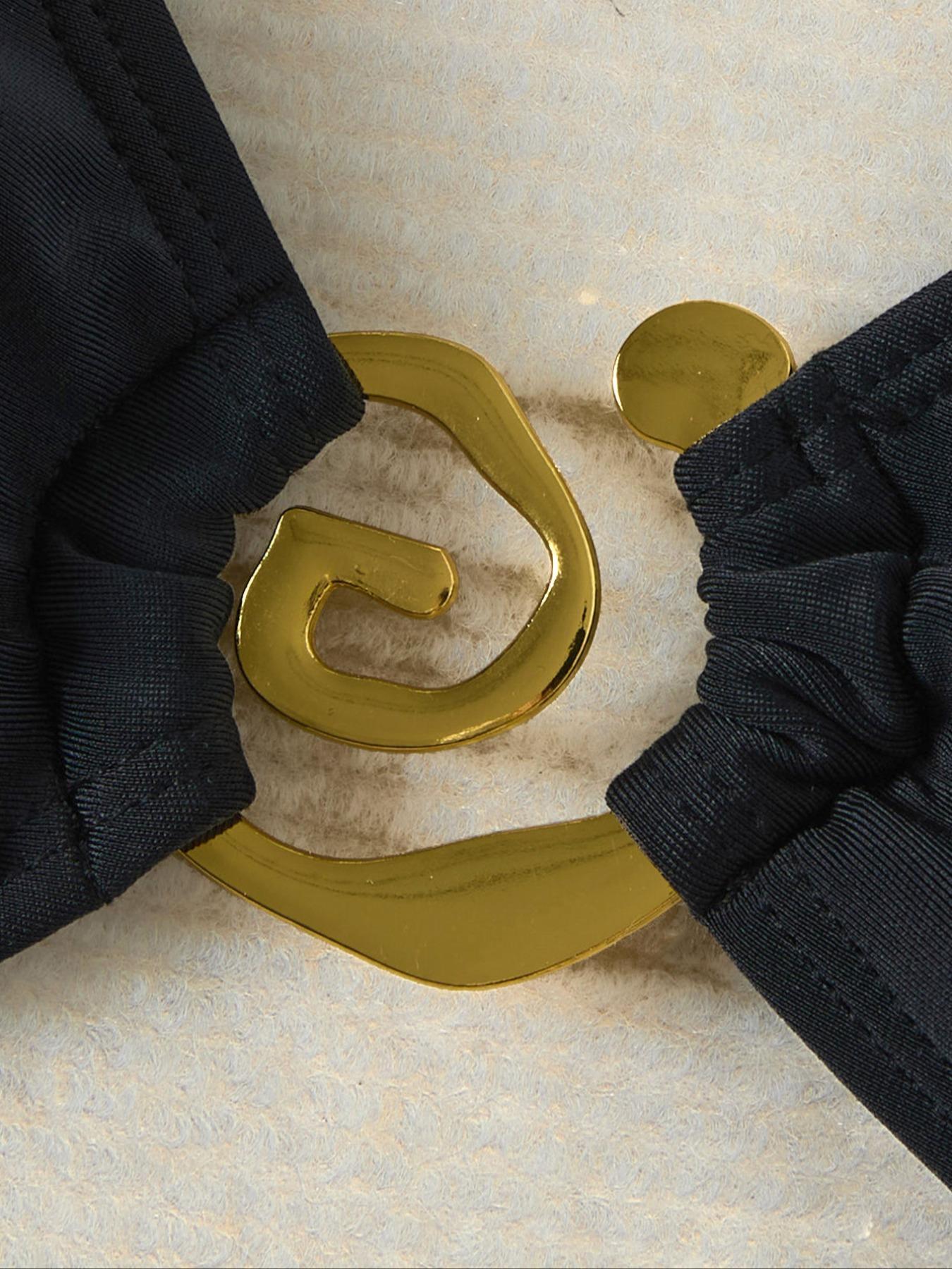 Two-piece Set Women's Solid Color Irregular-Shaped Metal Decor Bikini Set, High Stretch Casual Fashion Chic Tie Back Backless Swim Top & High Cut Swim Bottom for Beach Holiday Vacation, Ladies Swimwear for All Seasons, Tie Back Bikinis