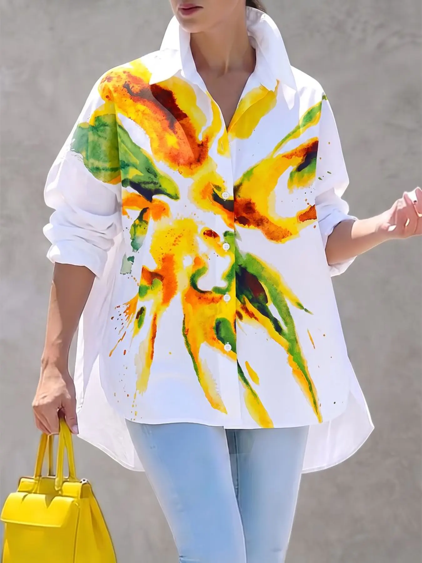 Front Short Back Long Sleeve Colorblock Floral Print Notch Lapel Shirt, Stylish Casual Wear, Perfect for Daily