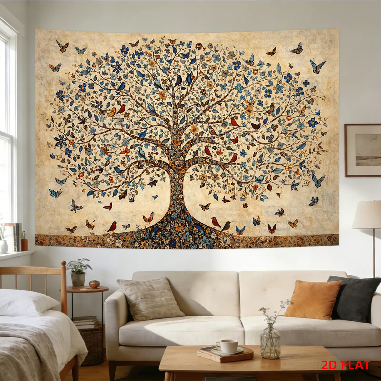 Bohemian Tree Birds Butterflies Colorful Wall Tapestry - Decorative Light Nature Art Fabric Hanging for Living Room, Home Walls, Gift, Horizontal Printed Panel for Office