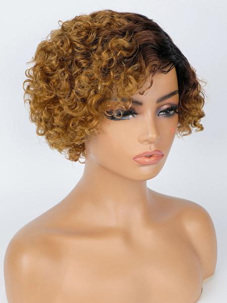 6inch T1B/30 Color Women's Short Curly Bob Wig with Bangs, 6 Inch Curly Hairpiece, Real Human Fiber, Full Machine Made, Perfect for Daily Wear, Natural Looking Wig