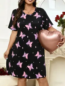 Women's Plus Size Butterfly Print Sleepwear, Casual Comfort Round Neck Short Sleeve Pajamas, Summer Home Wear, Large Women's  Casual Dress Elegant Shortsleeve Long Dress For Summer, Lady Sleepwear For Indoor Wear, All Over Print Nightgowns for girl