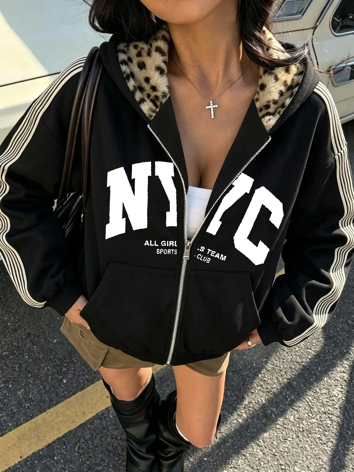 Women's Casual Letter Pattern Zipper Cardigan, Leopard Print Hat, Side Line Decoration, Pocket Design, Fall & Winter Warm Outerwear