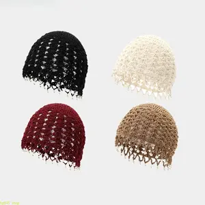 Women's Handmade Crochet Beanie, Spring Summer Openwork Knit Hat With Floral Accents And Ethnic Tassels, Adjustable Tie-Straps Design, Stylish Pullover Hat For Sports, Outdoor Activities And Daily Matching