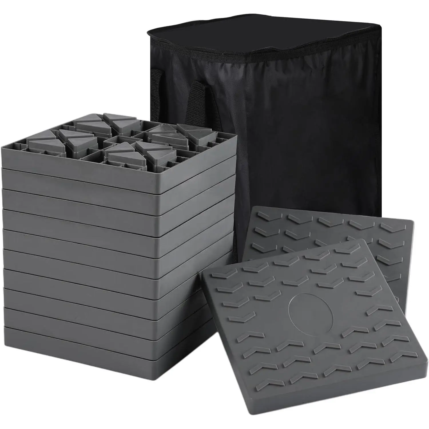 RV Camper Leveling Blocks 12-Pack, Heavy-Duty Interlocking Anti-Slip Stabilizer Blocks with Carry Bag for Car SUV RV Trailer & Motorhome, Gray
