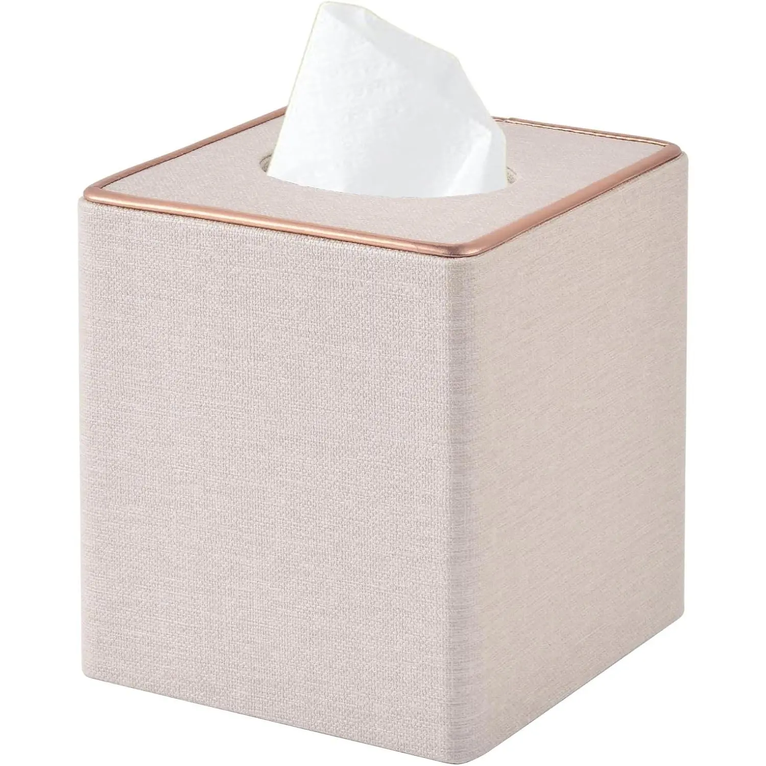 Beige Linen Square Cube Tissue Box Cover - Rosegold Leather Decor Facial Tissue Dispenser with Magnetic Bottom, Waterproof Sponge-Lined Napkin Organizer for Home, Office, Water Proof