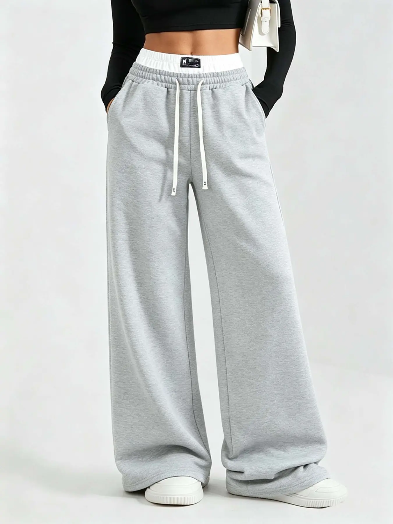 Women Viral Holiday, Contrast Waistband Wide Leg Loose Sweatpants, High Waist Tummy Flattering, Soft Thick Streetwear Joggers