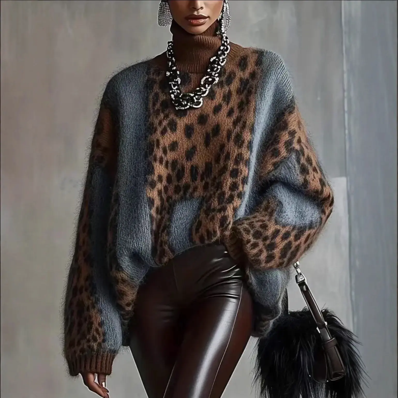 Women's Leopard Animal Print Knit Pullover Sweater, Long Sleeve, High Neck/Turtleneck, Casual Loose Fit, Soft Warm, Machine Washable Tops for Fall Winter Daily Wear