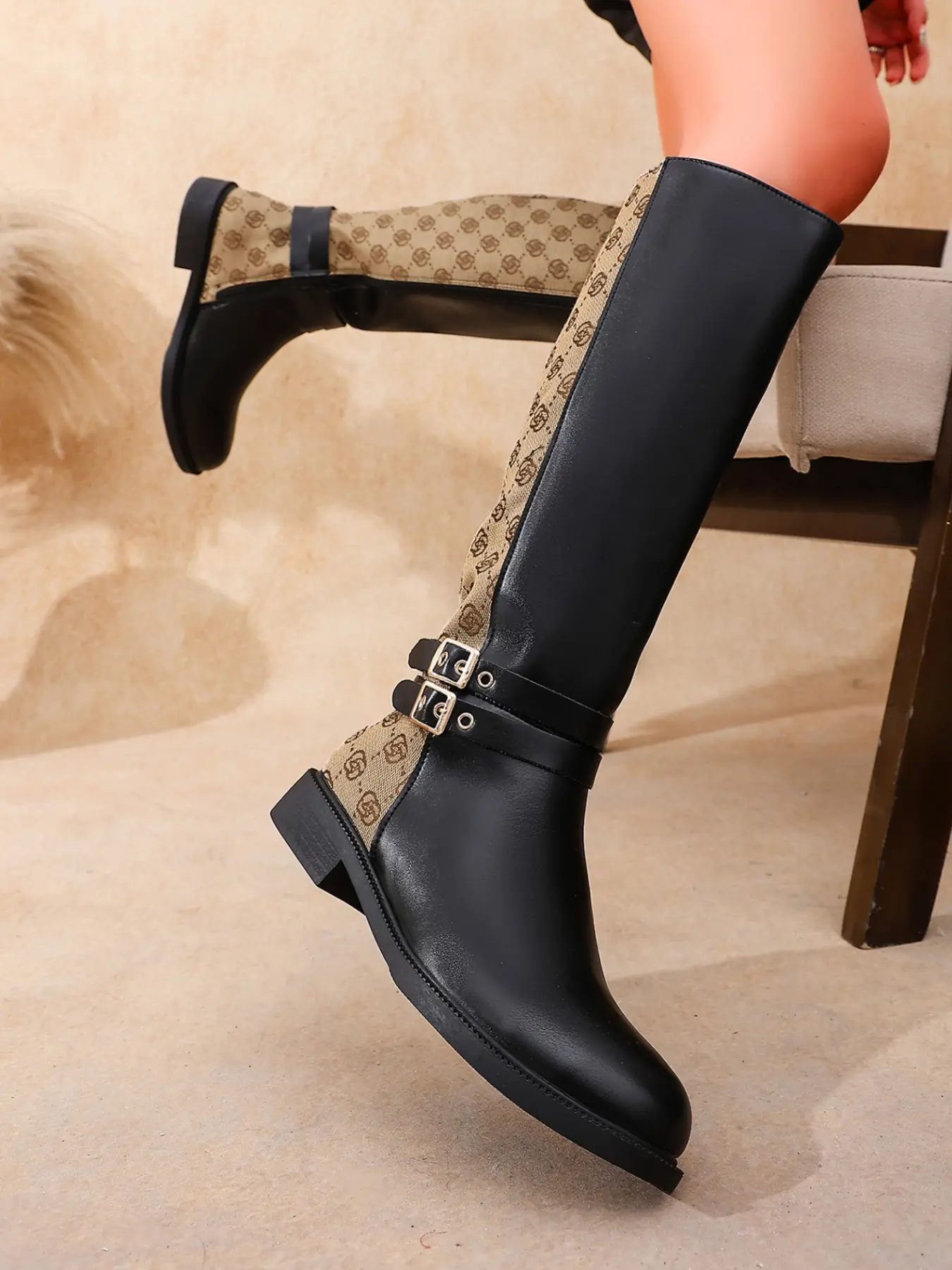 2026 New Leather Buckle High Ankle Knight Boots for Women, Round Toe Thick Heel over Knee Long Boot, Vintage Patchwork Slimming Design, Print Leather Boots
