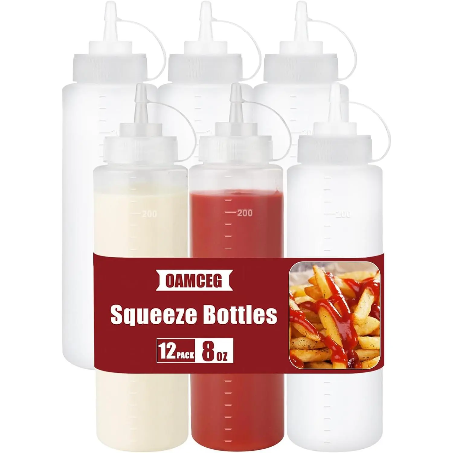 8oz Condiment Squeeze Bottles, 6 Pack Durable Plastic Sauce Bottles |  Bottle with Discrete Measurements for Salad, BBQ, Syrup, Ketchup Bottles for Condiments, Dressings, Arts and Crafts
