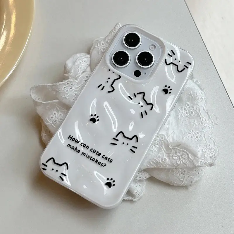 Glossy Wavy Soft TPU Phone Case for iPhone 11-17, Air/Pro Max - Women's Shockproof Kawaii Pink Cover with Cute Aesthetic Minimal Line Cat Paw Print, Y2K Slogan Text high-end fashionable protective