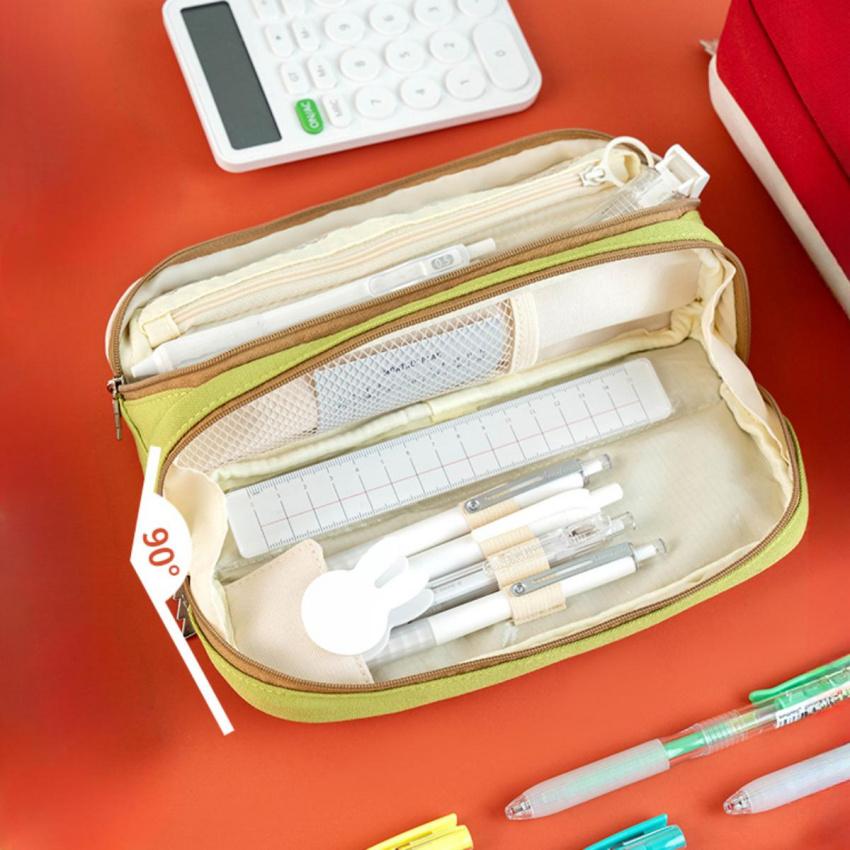 2 solid colour patchwork pencil cases with stain resistant lining, stand up design in solid colours, made canvas, large capacity, minimalist style, convenient DIY organisation, pencil stationery case