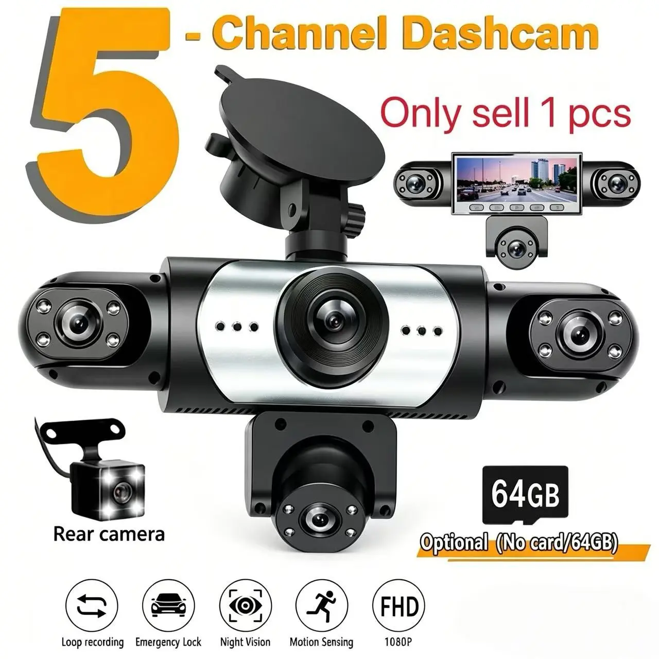 Compact 5-channel panoramic dash cam, Hd dash cam, Car dashcam, 1080P front camera with 720P left, right and rear cameras to cover all sides of your car, LED display lets you view footage in real time, physical buttons enable easy operation