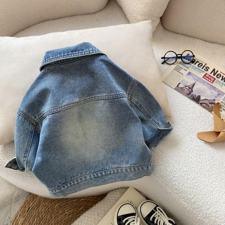Boys' Spring Fall Denim Shirt-Style Jacket Korean Design Kids Long Sleeve Top Casual Solid Color Coat with Fiber Button Closure Stand Collar All-Season Indoor Outdoor Apparel
