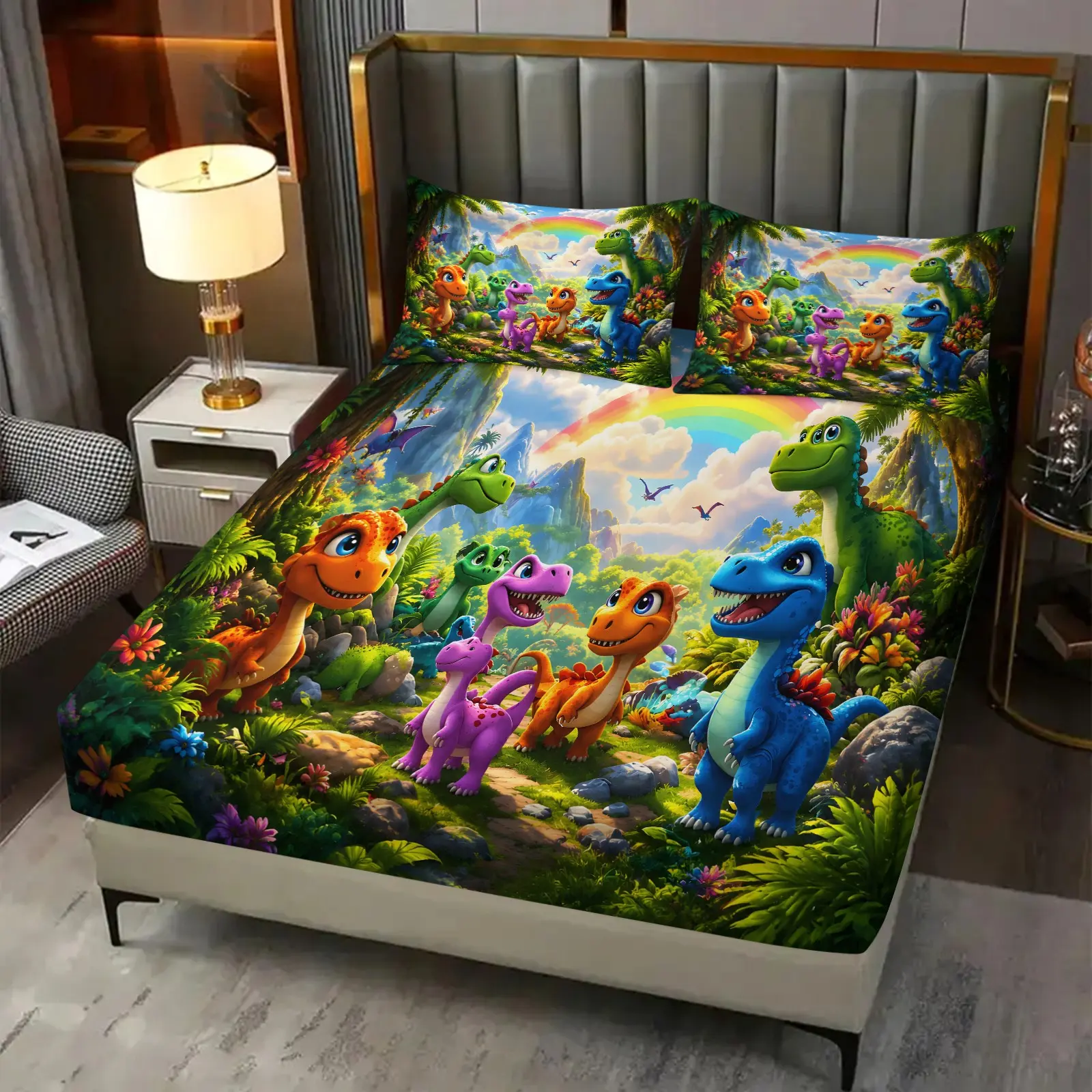 Cartoon Dinosaur Pattern Fitted Sheet Set, 3Pcs Digital Print Bedding Set (1 Fitted Sheet, 2 Pillowcase, Not Pillow Core), Deep Pocket Fitted Bed Sheet, Soft Breathable Bed Cover, for Boys Kids Bedroom Decor, Breathable Bedding Sets