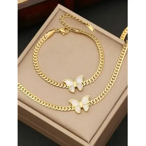 Women's 2-Piece Gold Jewelry Set - Stainless Steel Butterfly Motif Chain Necklace & Bracelet, Non Tarnish Tarnish Proof Trendy Jewellery Gift Set for Summer Beach, Fashion Accessories, Gold Jewelry Sets