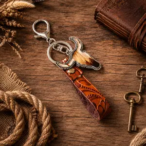 Bull Head Leather Keychain for Men Women, Western Cowboy Key Ring, Vintage Longhorn Style Leather Bag Charm, Car Key Holder, Rodeo Ranch Gift Accessory