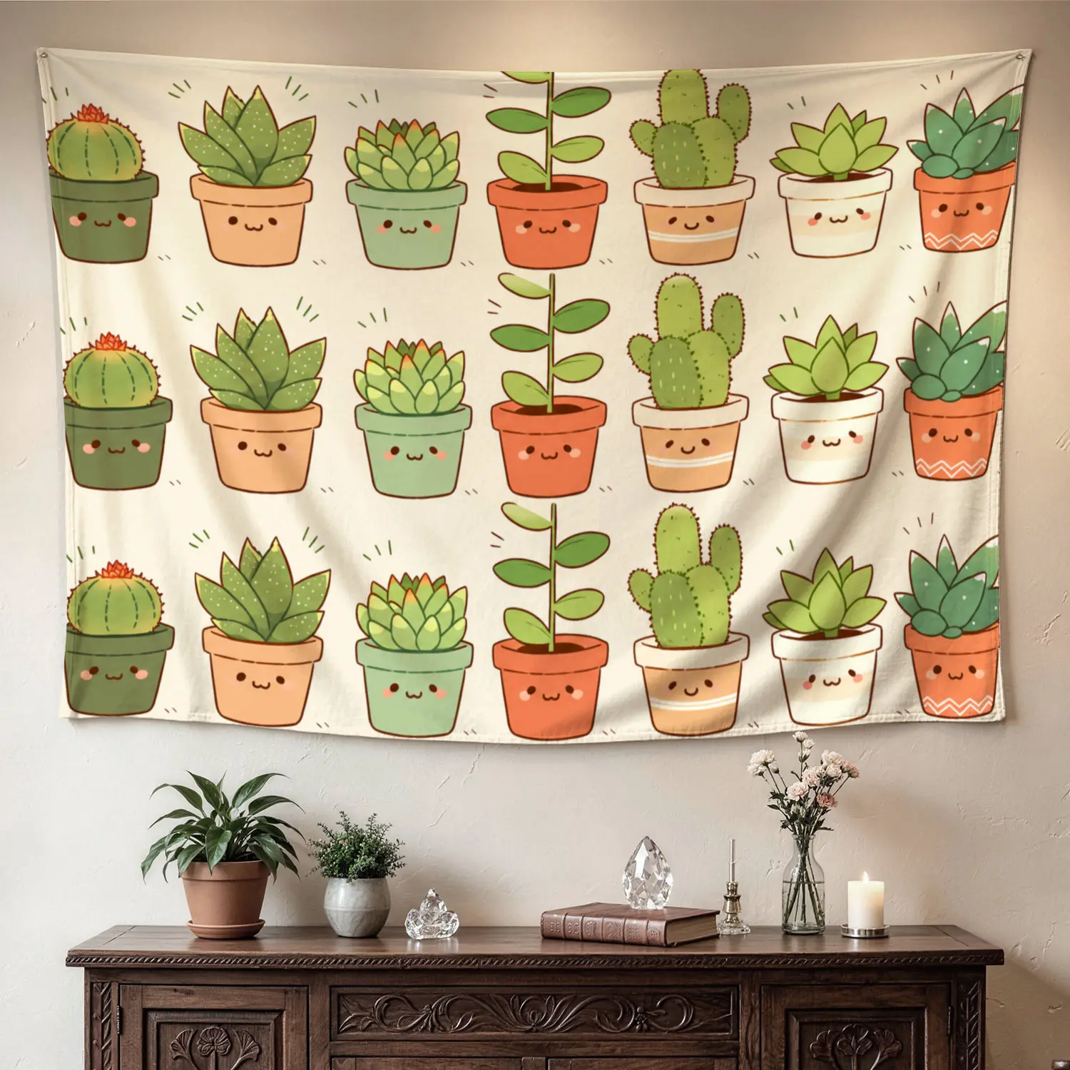Cute Potted Cactus Succulent Plants Wall tapestry, Large size Printed Horizontal Tapestry blanket, Polyester Fabric Wall Hanging for bedroom, living room, No Installation Required, Indoor, Outdoor, Gift for Family and Friends