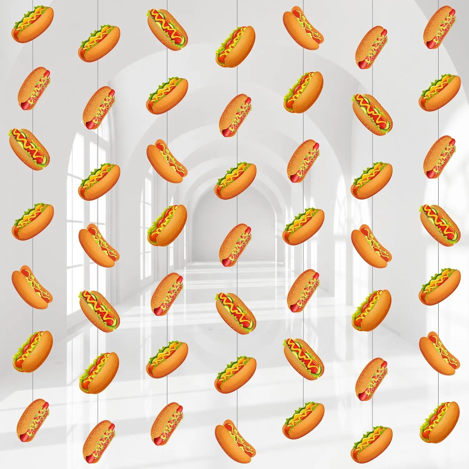 Gueevin 8pcs Hot Dog Hanging Banner Garlands, Festive Ornaments & Backdrop for Picnic Fast Food Themed Birthday, Sausage BBQ Party Supplies Decor