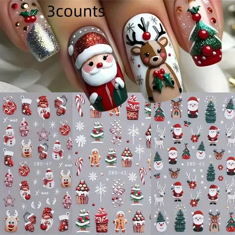 3 Piece Christmas Nail Stickers, Santa Claus Snowman Reindeer Design, Shiny Snowflakes Trees, Self-Adhesive, Easy to Apply, Nail Art Decorations