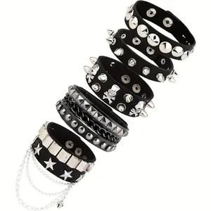 5Pcs Punk Studded Wide Wristbands Set - PU Leather Adjustable Chain Bracelets - Rock Gothic Street Style for Teenager