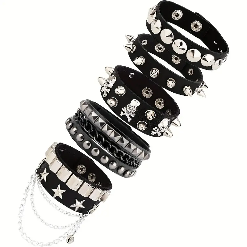 5-Piece Punk Gothic Bracelet Set, Studded PU Leather Wide Wristbands with Adjustable Straps and Chains for Teens, Adjustable Strap Bracelets, Fashionable Bracelet