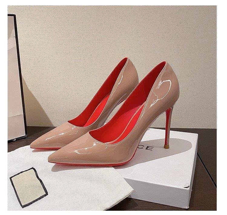 Spring Black Red Sole High Heels Women Pointed Toe Thin Heel Sexy Glossy Elegant Single Shoes Patent Leather Women Shoes