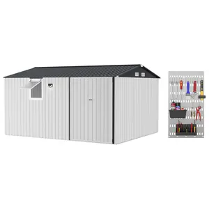 12x10 FT Shed Outdoor Storage Shed with Pegboard & Solar Motion Sensor Light, Heavy-Duty Tool Metal Shed with Sloping Roof & Lockable Double Doors, Pushable Window, for Backyard, Patio, Lawn, White/Black/Brown(2 Boxes)