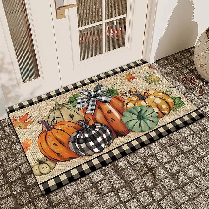 1 Pc Checkered Pumpkin Thanksgiving Door Mat Linen Surface Diatomaceous Mud Anti-Slip Water-Absorbent Entry Door Mat Indoor And Outdoor Printed Door Mat Holiday Home Decoration Non Slip Doormat