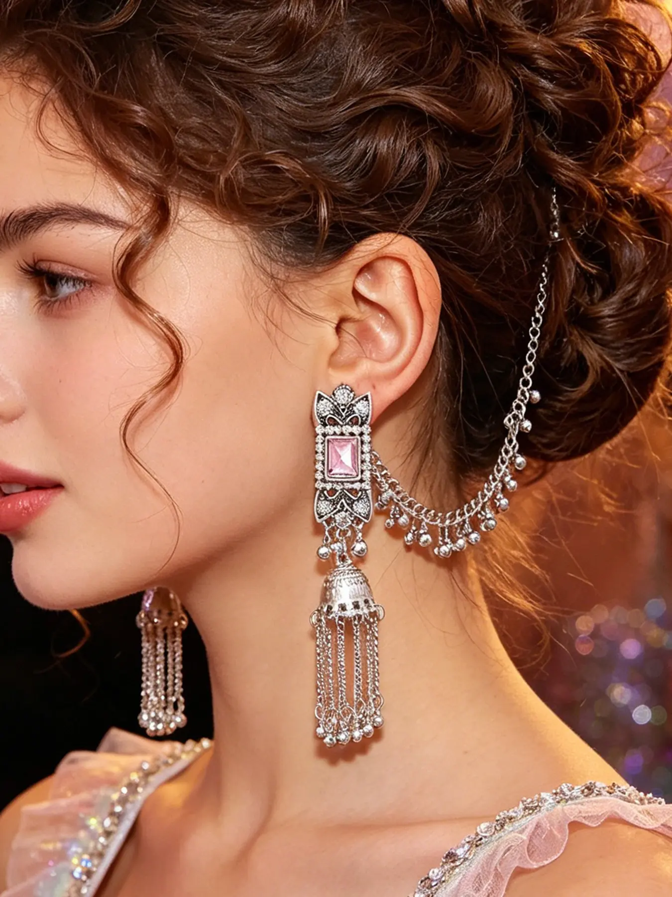 Indian Jhumka Earrings with Hair Chain for Women, Vintage Silver Ruby Red Stone Bollywood Drop Earrings, Long Tassel Chain Bohemian Tribal Gypsy Festival Statement Jewelry Pack Summer Music Festivals (1 Pair)