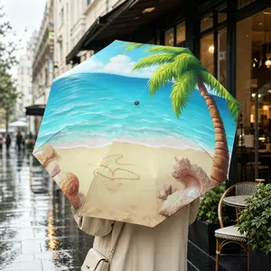 Tropical Beach Folding Umbrella, Automatic Open, Iron Frame, Portable Design, Suitable for All Seasons, Travel, Office, Outdoor Use