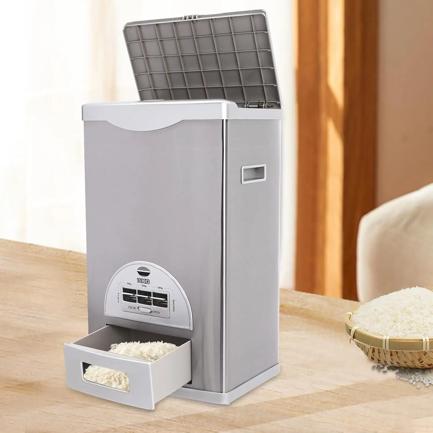 Auto Rice Dispenser,Grain Dispenser Storage Box,Large Capacity Stainless Steel Rice Storage Container for Kitchen,Dining Room (Silver) Utensils