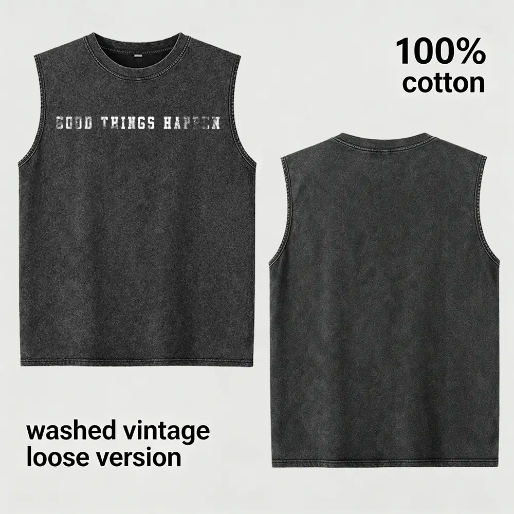 Unisex 100% Cotton Vintage Washed Brown Sleeveless Tank Top Loose Fit Front Print "Good Things Happen" Distressed Faded Motivational Simple Text Minimal Retro Graphic Muscle Tank Casual Streetwear Vest