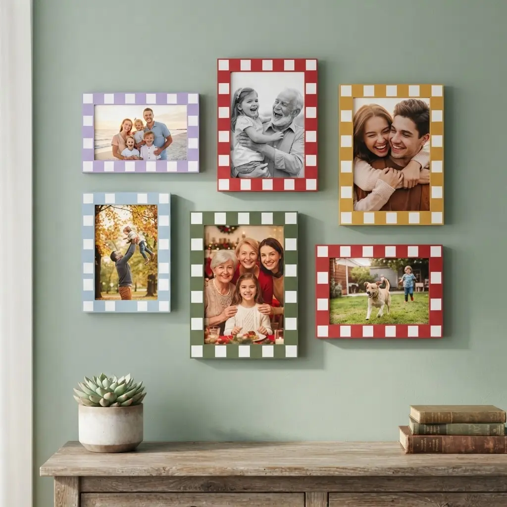 Checker Pattern Wooden Picture Frames for Wall, Colorful Family Picture Frame for Tabletop Display, Home Decoration Gift, Photo Frames