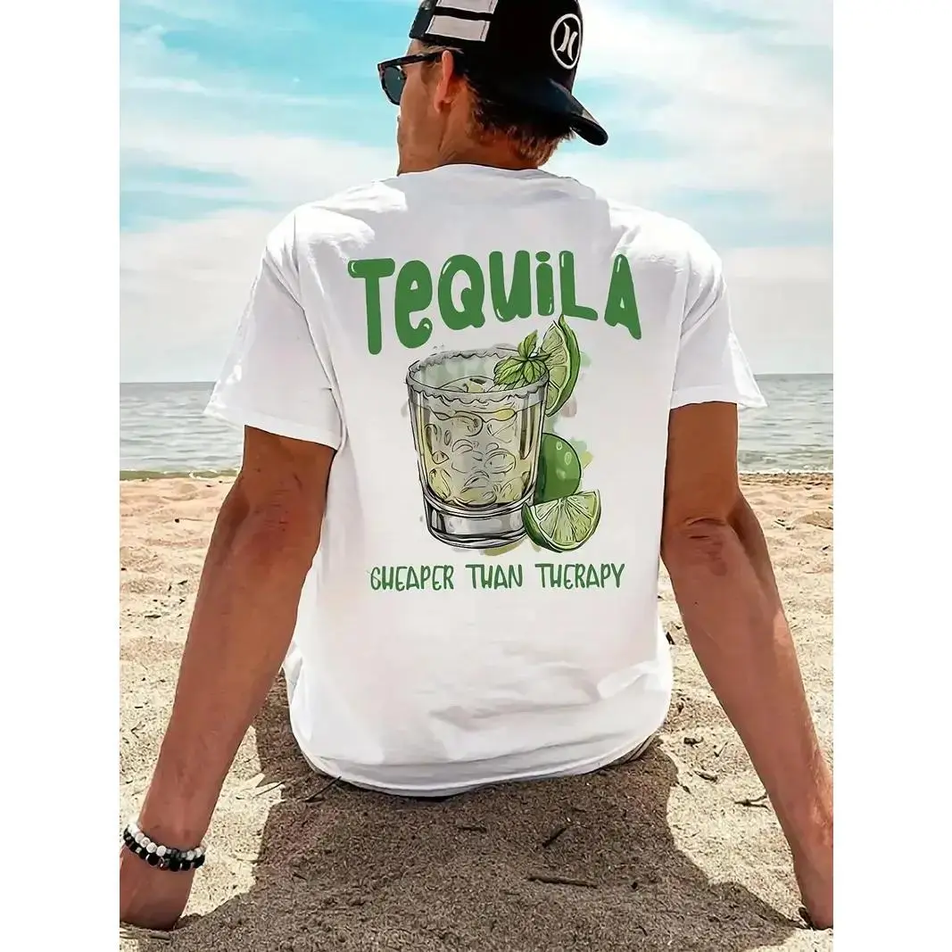 Men's Regular Fit Tequila & Lime Print Round Neck Tee, Casual Short Sleeve Crew Neck T-Shirt for Summer, Fashion Men's Top for Daily Wear, Tropical, Casual Style Tee, Casual Trendy Tee, Casual Summer Clothing